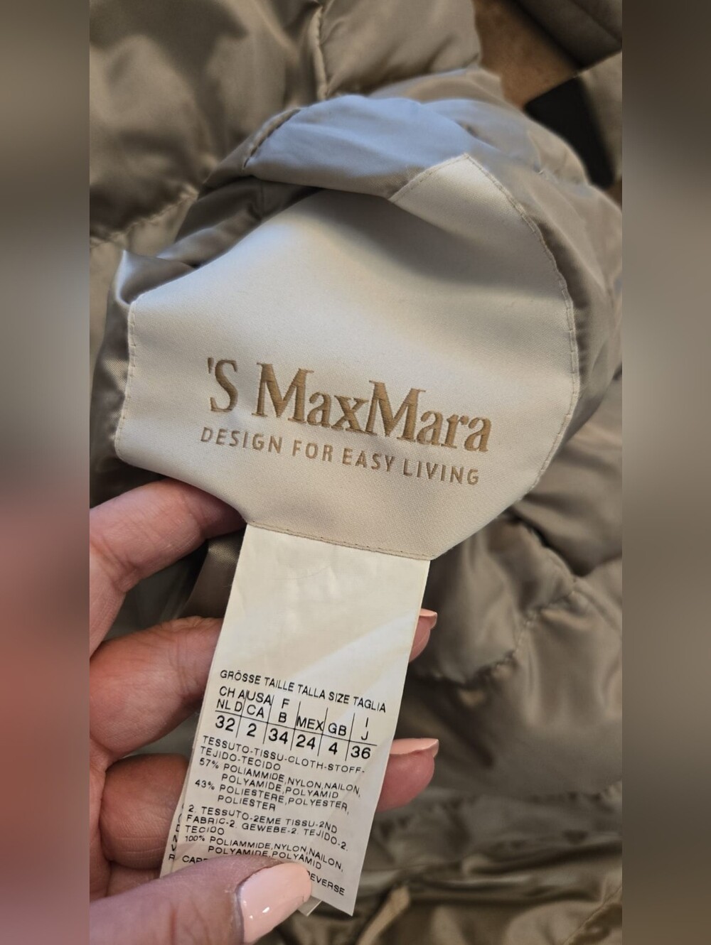 MaxMara Quilted Belted Puffer Coat in Taupe with Fur-Trim Hood - Picture 3 of 3